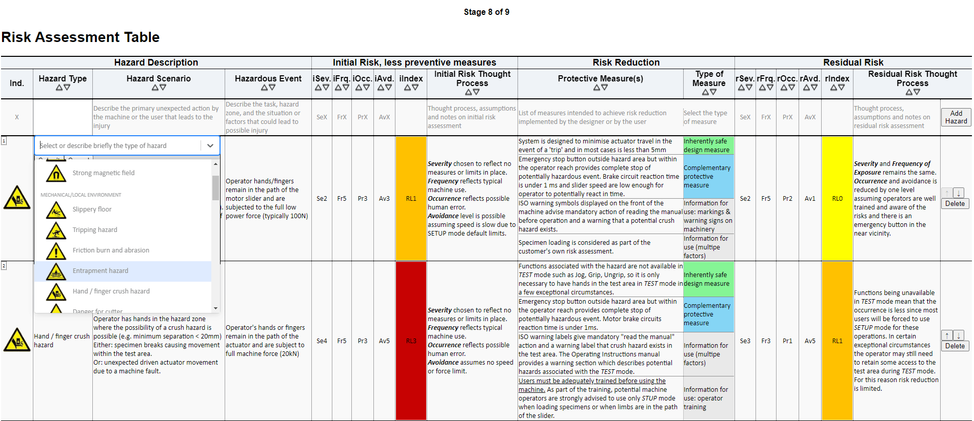 application stage 8 - hazards table